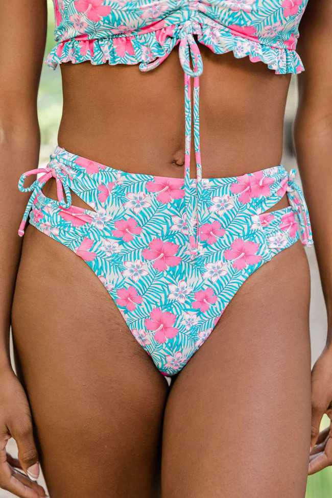 Cruise The Beach Pink Tropical Cutout Side Cheeky Bikini Bottoms | The Pink Lily Boutique