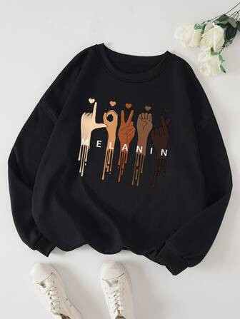 SHEIN LUNE Plus Letter & Hand Print Thermal Pullover | SHEIN