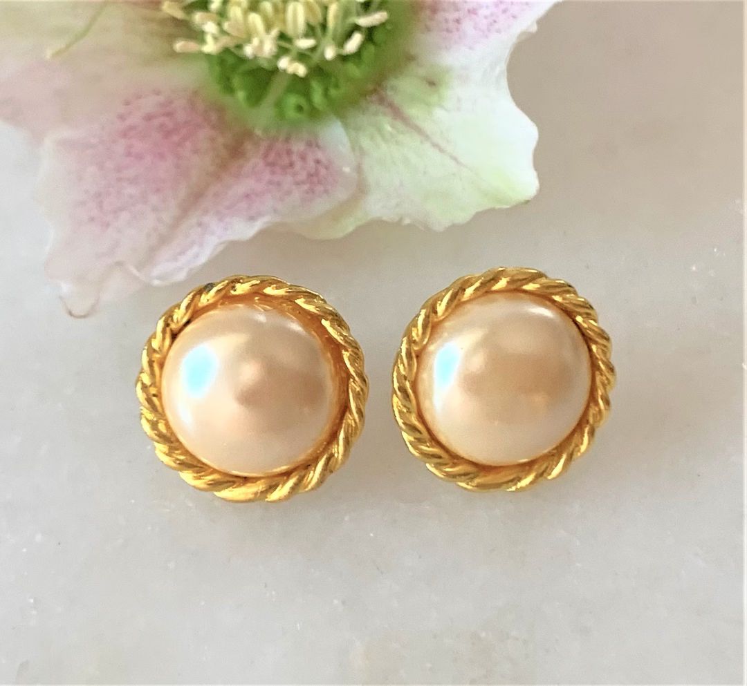 Round Simulated Pearl Pierced Earrings with Gold Tone Rope Frame | Etsy (US)
