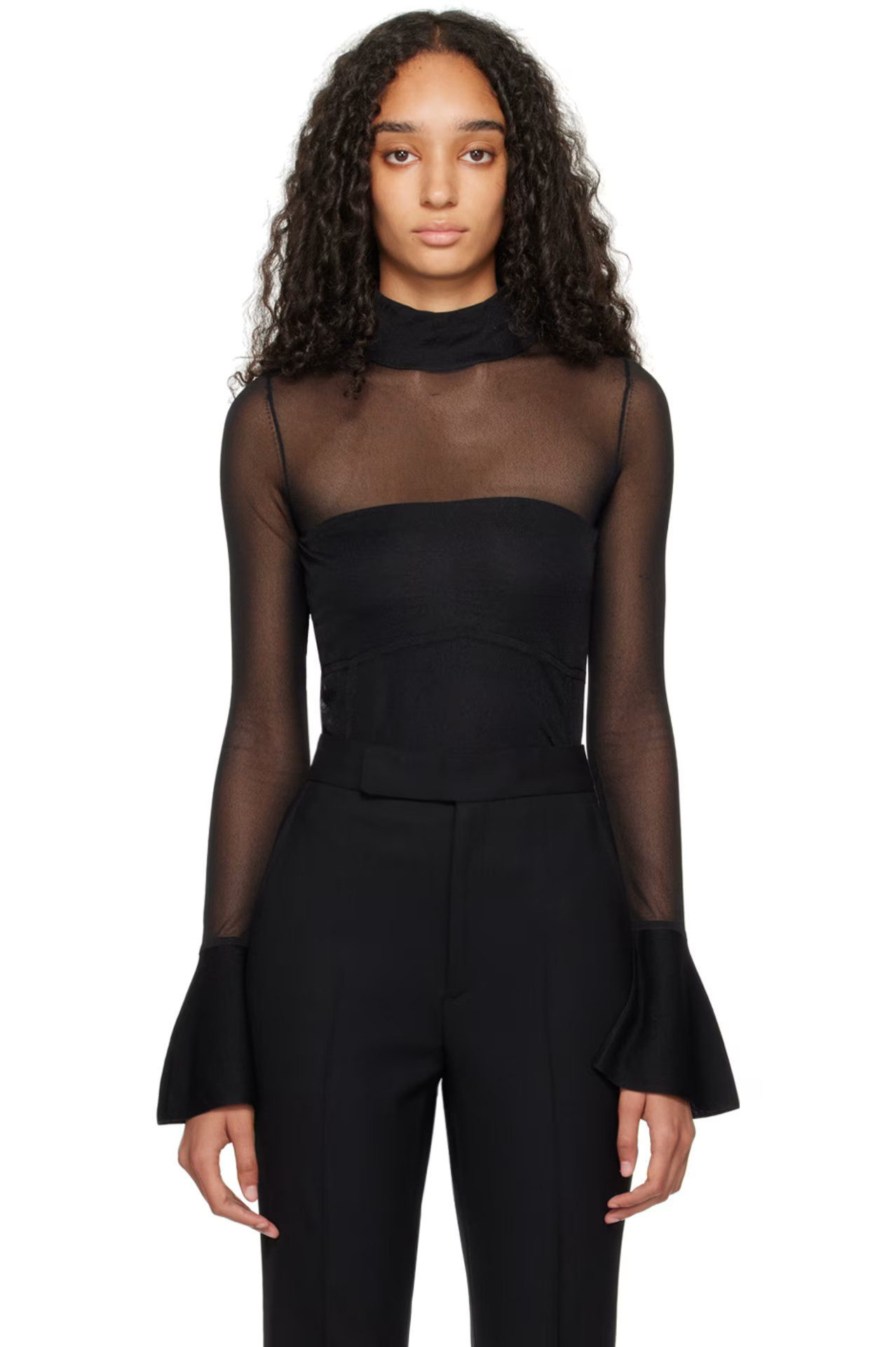 Black Sheer Corset Bell Sleeve Top | SSENSE