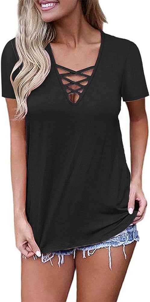Ezbelle Women's Short Sleeve V Neck Shirts Criss Cross Top Basic T Shirt | Amazon (US)