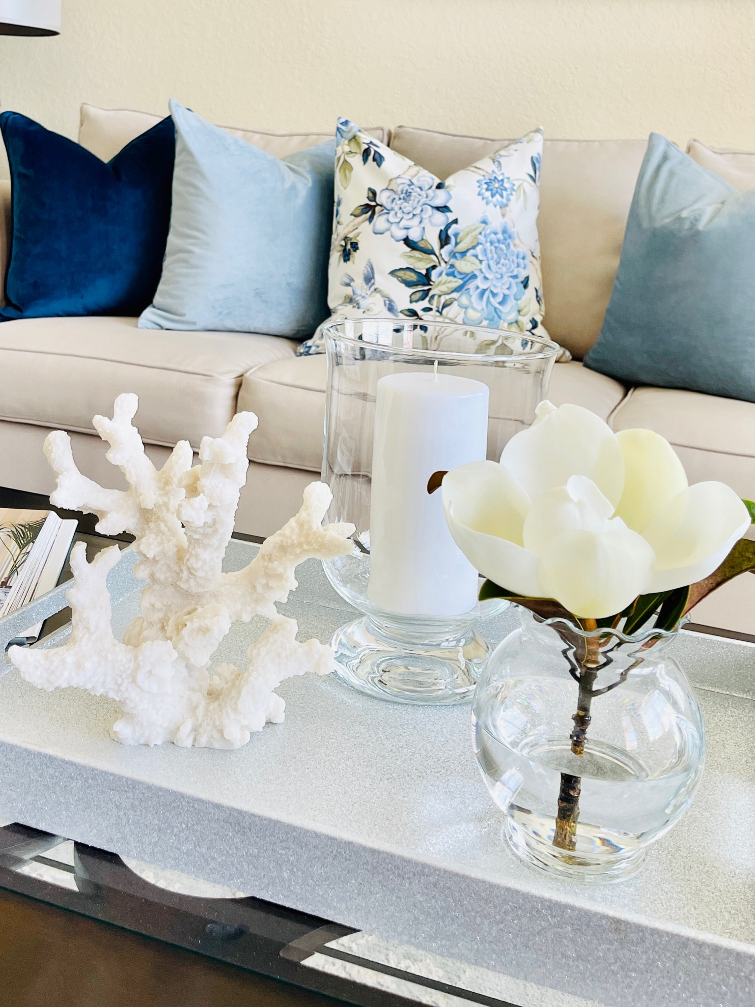Gorgeous Accessories: Coral Reef Sculptures, Hurricane Vase, Glass Flower Vase, Decorative Tray, Candles, Decorative Pillow Covers | Coffee Table Styling | Living Room Decor | Home Decor | Spring & Summer Decor! 

#LTKSeasonal #LTKhome #LTKunder100