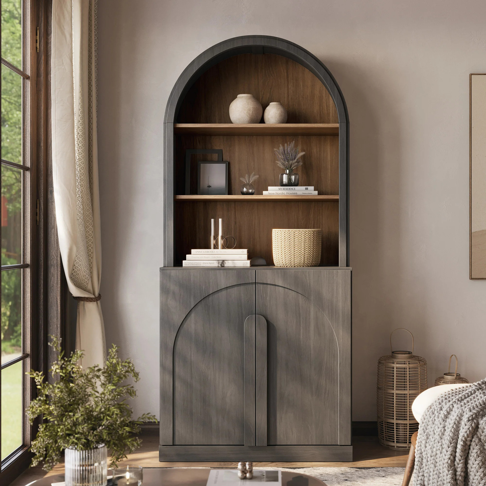 71" Tall Arched Bookshelf with Storage, Camel | Wayfair North America
