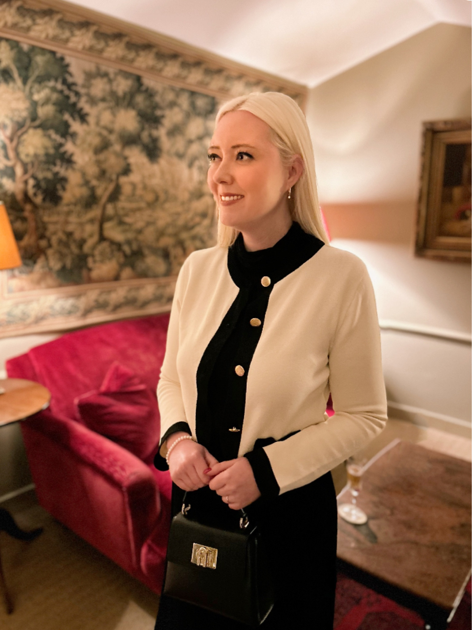 Dinner date outfit featuring my new contrast ivory and black cardigan/knitted jacket by H&M - don’t you just love gold buttons! I wore with the super soft black Mischa rollneck and the black velvet Charteris skirt (on sale) by Hobbs London, the Furla 1927 black top handle bag and the gold / white sapphire dewdrop charm hoop earrings by Dower and Hall

#LTKdatenight #LTKuk #LTKeurope