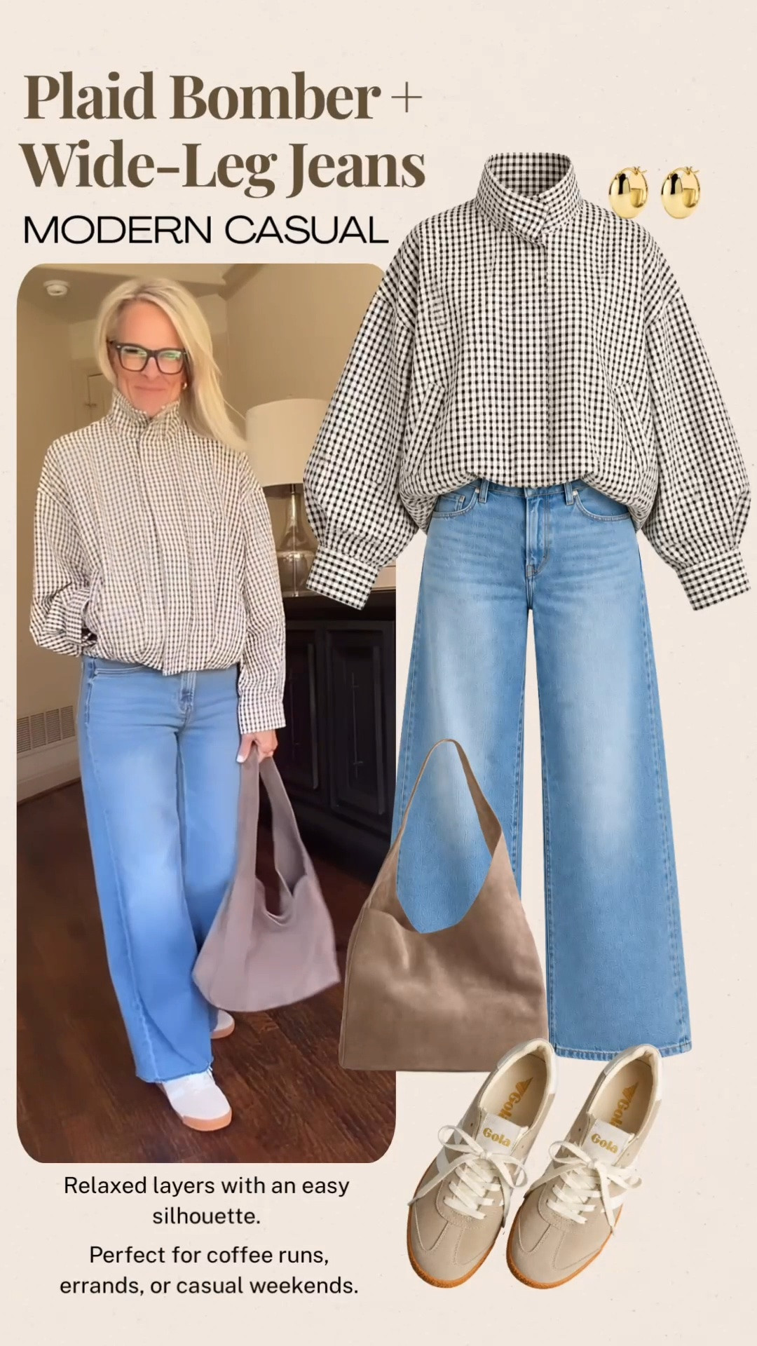 This plaid bomber and wide-leg jeans are such an easy combination for a relaxed, polished look. I love the soft blue denim with the classic black-and-white pattern, finished with neutral sneakers and a simple taupe bag—perfect for coffee runs, errands, or casual weekends.

#LTKootd #LTKOver40 #LTKTravel