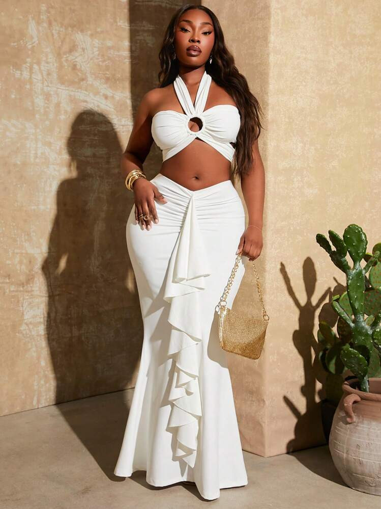 SHEIN SXY 1 Set Plus Size Women's Spring/Summer New Hollow Round Ring Halter Sexy Top & V-Neck Waist Ruched Ruffle Hem Mermaid Skirt, Wedding Season's 2pcs Outfit, Suitable For Everyday Wear, Music Festival, Concert, Carnival Party, Beach Vacation, Date Night, Birthday, Bachelorette Party, Club, Cute, Casual, Shopping, Streetwear, Going Out, Coquette, Easy To Match & Looks Slim, Accentuates The Body, Flattering Figure | SHEIN