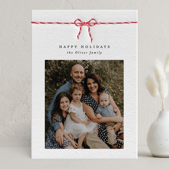 "With a Bow" - Customizable Letterpress Holiday Photo Cards in Red by AK Graphics. | Minted
