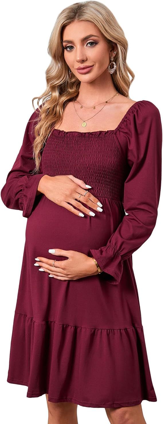 KOJOOIN Women's Maternity Square Neck Short Sleeve Summer Dress Smocked Boho Ruffle Casual Midi D... | Amazon (US)