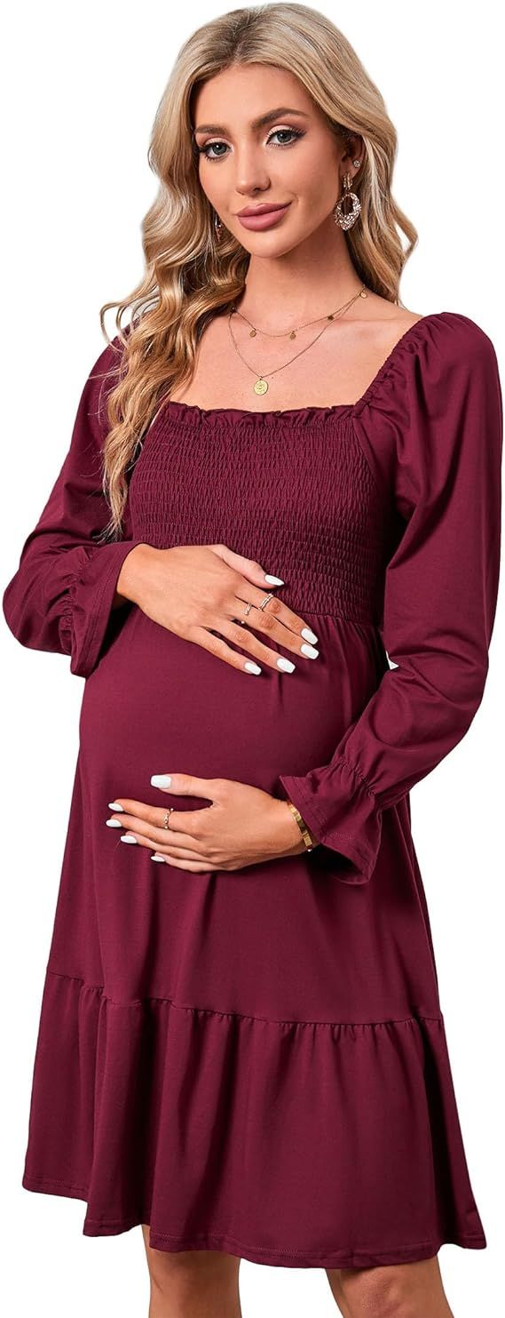 KOJOOIN Women's Maternity Square Neck Short Sleeve Summer Dress Smocked Boho Ruffle Casual Midi D... | Amazon (US)