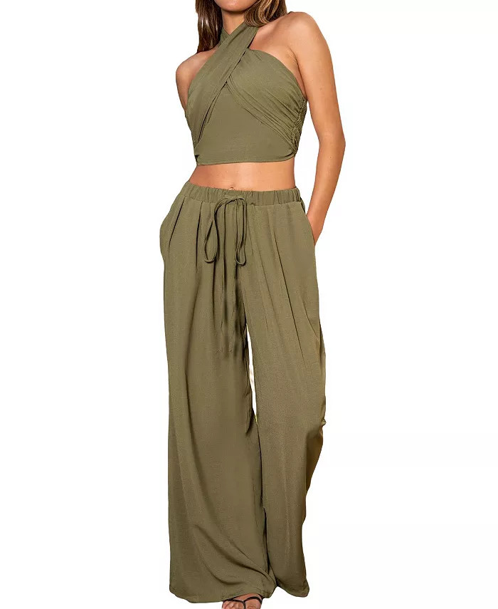 CUPSHE Women's Olive Twisted Halter Top & Straight Leg Pants Set - Macy's | Macy's