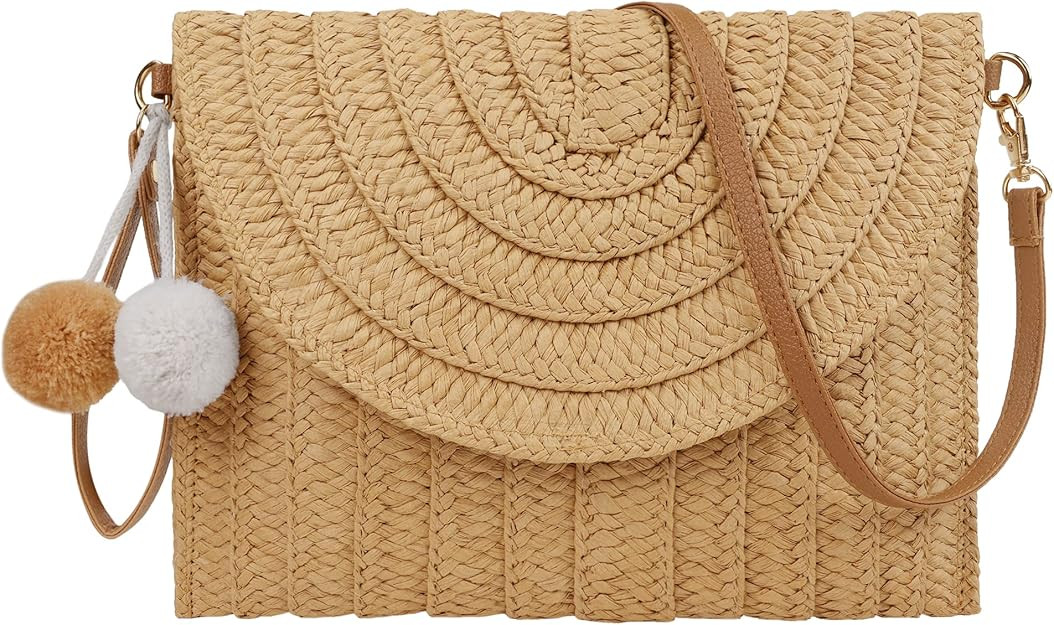 Women Straw Crossbody Handbag Woven Shoulder Bag Summer Beach Envelope Clutch Purse with Pom Poms... | Amazon (US)