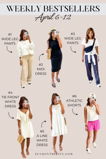 Weekly bestsellers from April 6-12 include two pairs of wide leg pants, a fitted sleeveless midi dress that can be dressed up or down, two white mini dresses, and a pair of athletic shorts. 

Amazon finds, bestsellers, spring outfit, white dress, resort wear, athleisure, travel outfit 

#LTKfindsunder50 #LTKstyletip #LTKtravel