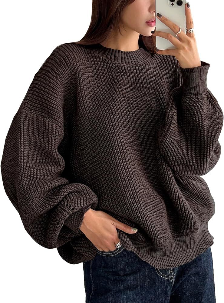 Cozyease Women's Rib Knit Round Neck Long Sleeve Sweater Tops Oversized Casual Plain Drop Shoulde... | Amazon (US)