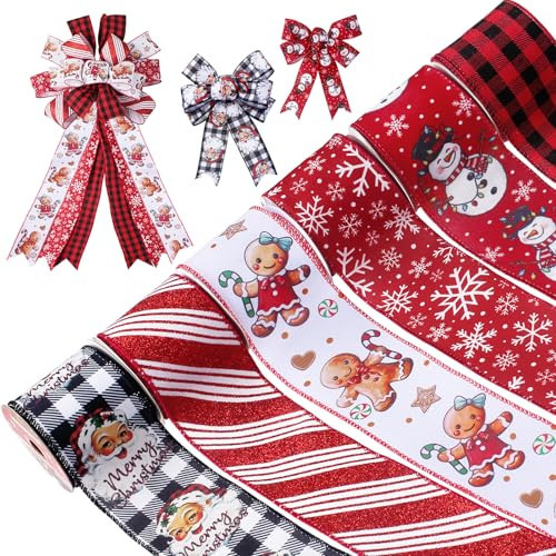 Rinoly Christmas Ribbon Wired 2.5 Inch, 6 Roll 30 Yards - Snowflake/Santa/Glitter Stripe/Buffalo Plaid Christmas Ribbon for Wreaths, Bows, Tree, DIY Crafts | Amazon (US)