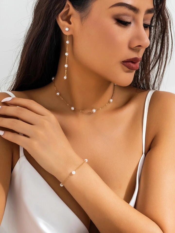 4pcs/set Women's Personalized Simple & Elegant Faux Pearl Bracelet, Necklace, Earrings, And Charm... | SHEIN