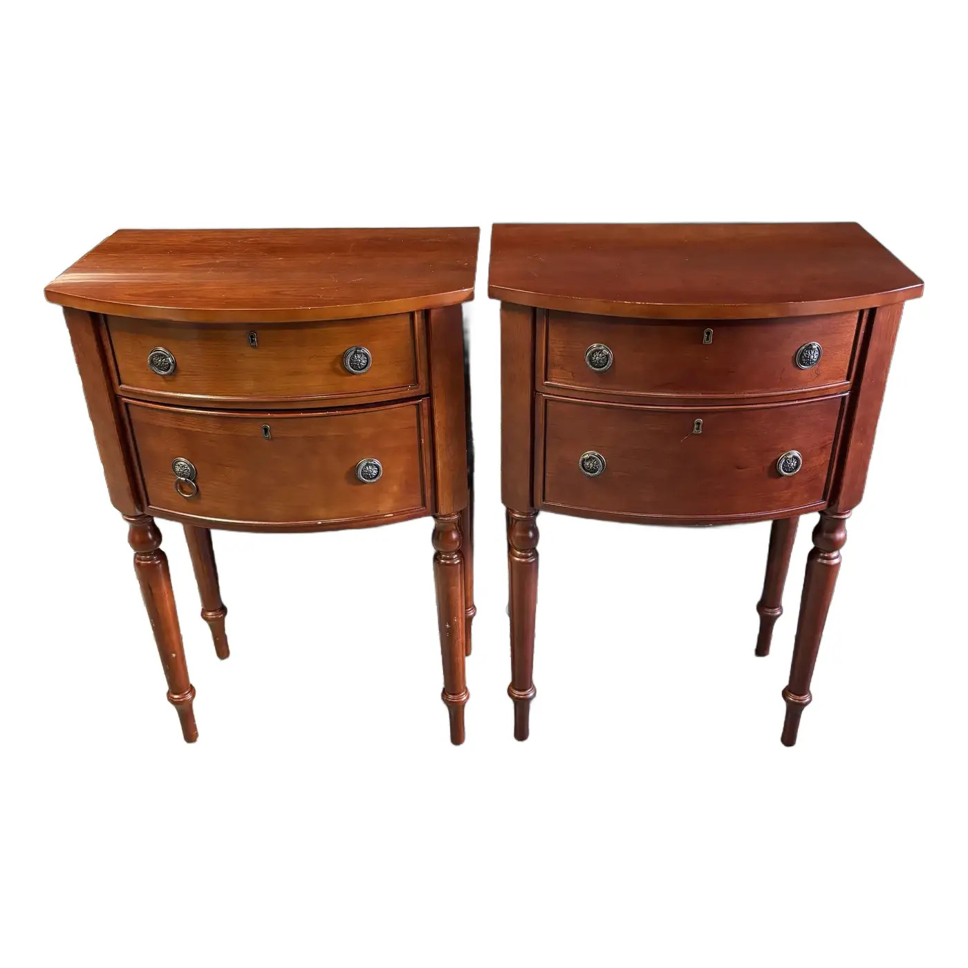 1990s The Bombay Company Federal Style Cherry Bow Front Tables Nightstands - a Pair | Chairish