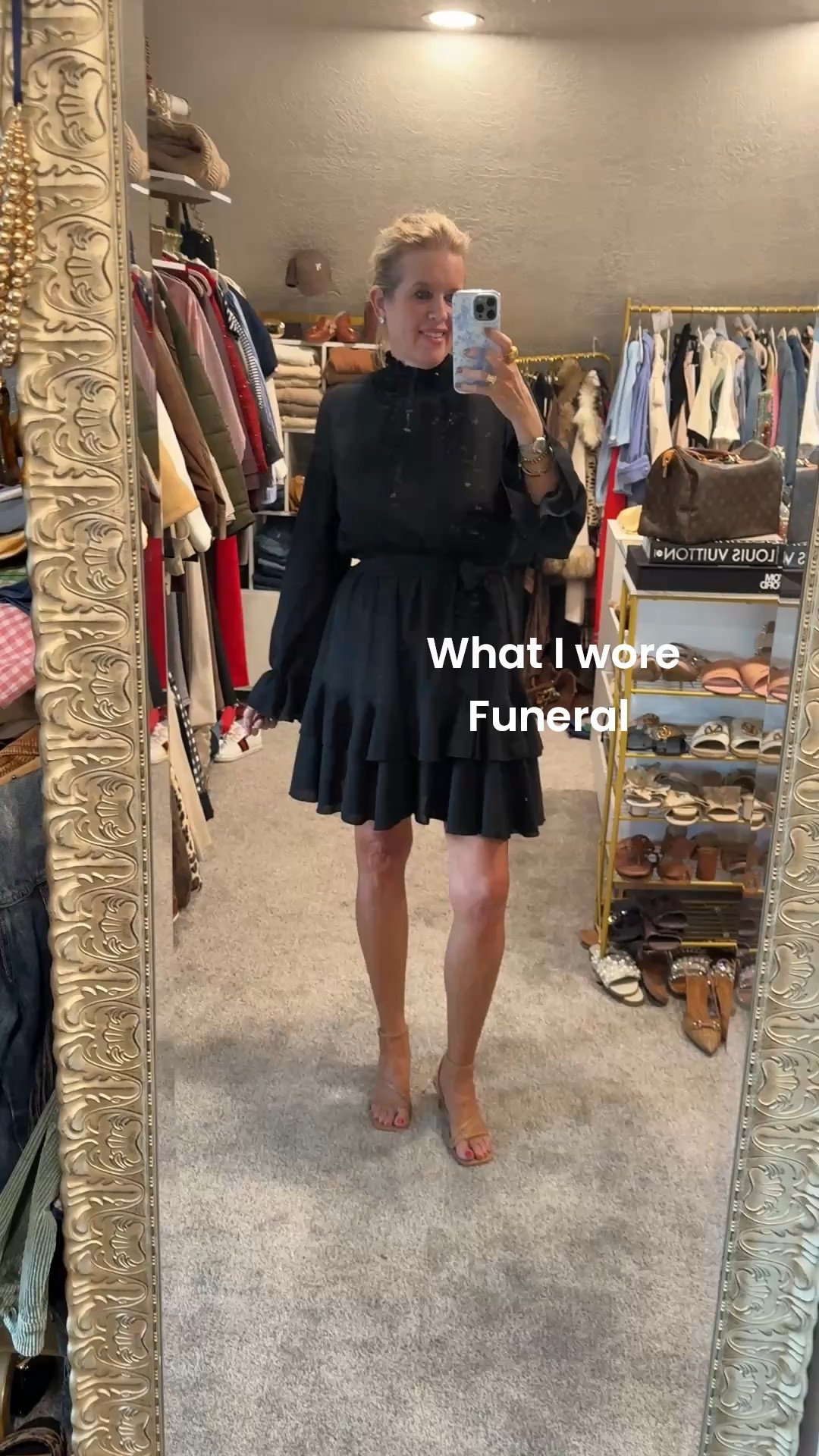 What I wore for a funeral…
LBD

Nobody every wants to have to do the sad stuff,,, but we gotta get dressed and show up for those we love🖤

What I wore to a hero’s funeral 🇺🇸🙏 96 and lead a beautiful life…

Affordable little black dress, that looks designer

Mock neck, two ruffle bottom, flowy, and a romantic sleeve with tie waist

Nude strappy kitten heal, flattering  to the leg and foot 
Has a little square heel perfect to walk on lawns in.

Manufactured diamond large stud  earrings 

Do to the neckline wearing your hair in a chic bun or ponytail

#LTKdayinmylife #LTKootd #LTKOver40