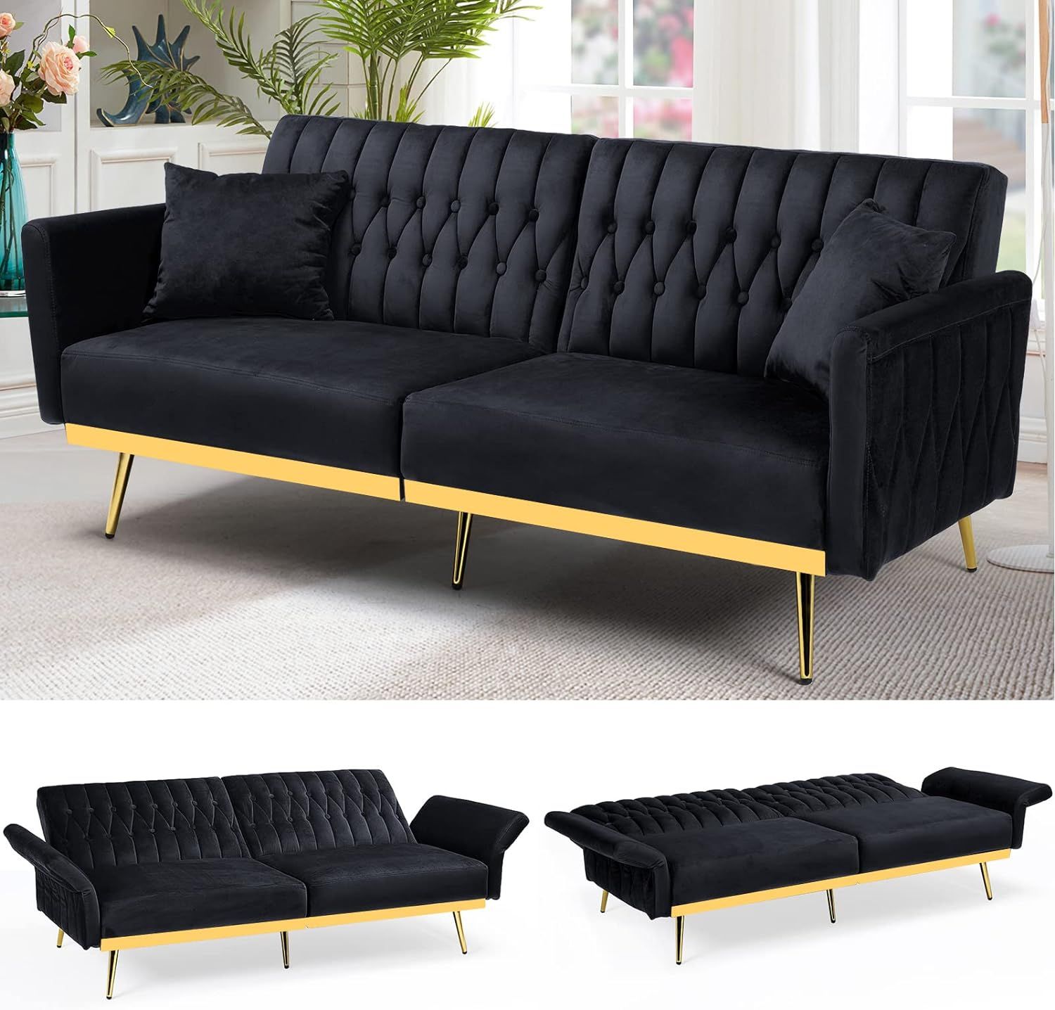 Amazon.com: ACMEASE 69” Velvet Futon Sofa Bed with 2 Pillows and Adjustable Armrests, Convertib... | Amazon (US)