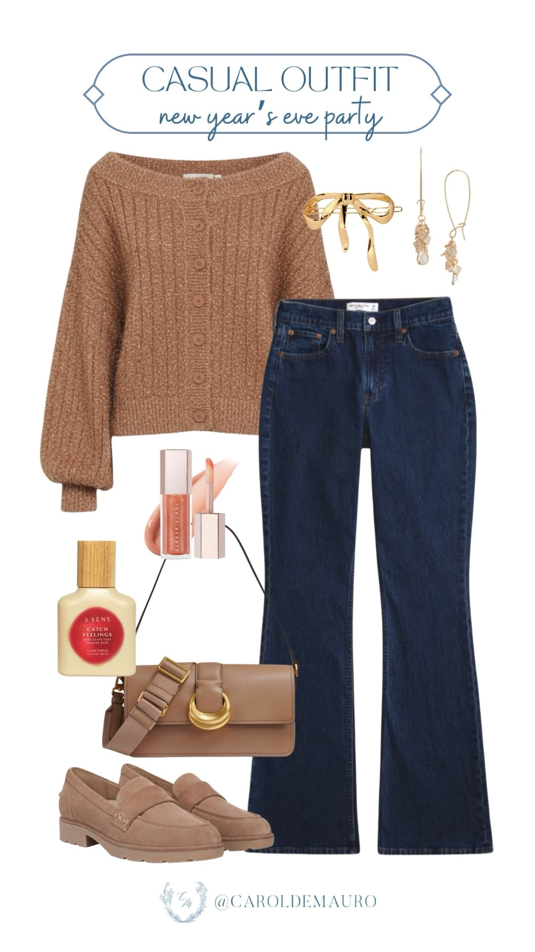 Who says you can't wear denim and a cute, cozy, sparkly cardigan to the party? Obsessed with these wide-leg jeans for a casual NYE. Just add the suede loafers, and you’re good to go.

casual outfit, winter fashion, holiday look, cozy aesthetic, trendy handbag, brown hues, closet staple, bow hairclip

#LTKSeasonal #LTKFindsUnder50 #LTKU
