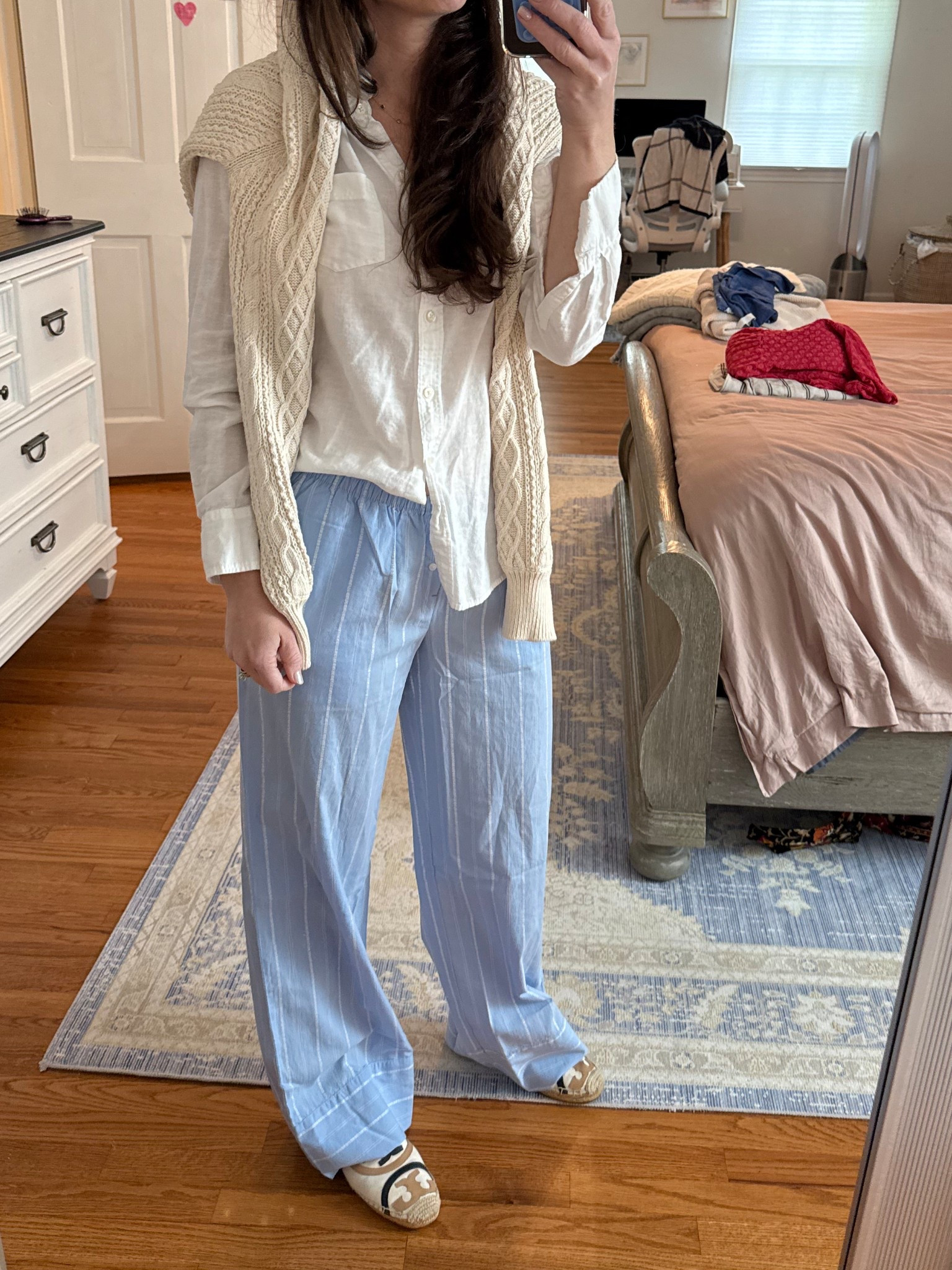 Summer Outfit - Chilly summer night with stripe pajama pants, white button down, Leotine jumper and espadrilles 

#LTKSummerEdit