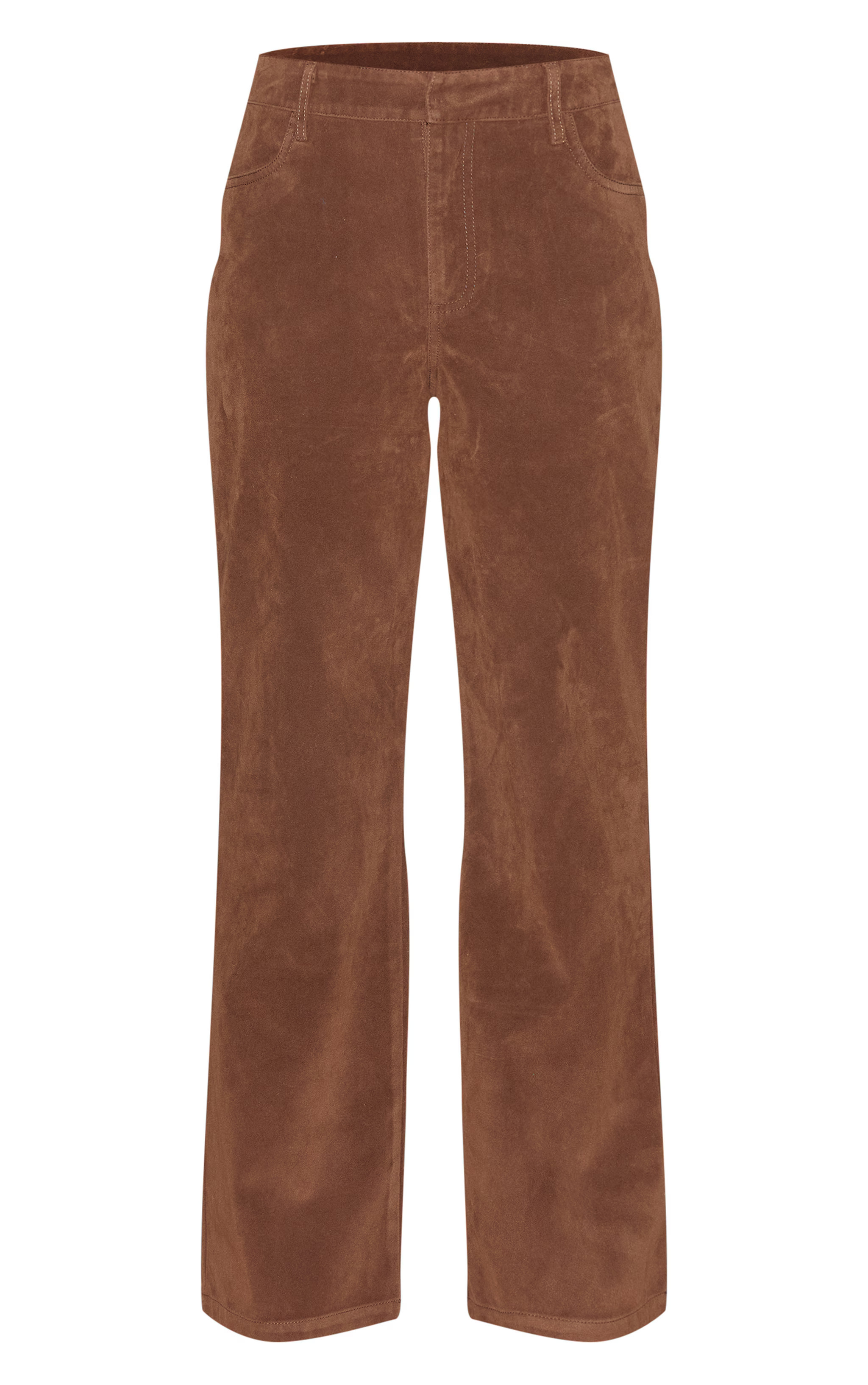 Dark Chocolate Faux Suede Mid Rise Straight Leg Trousers | PrettyLittleThing UK