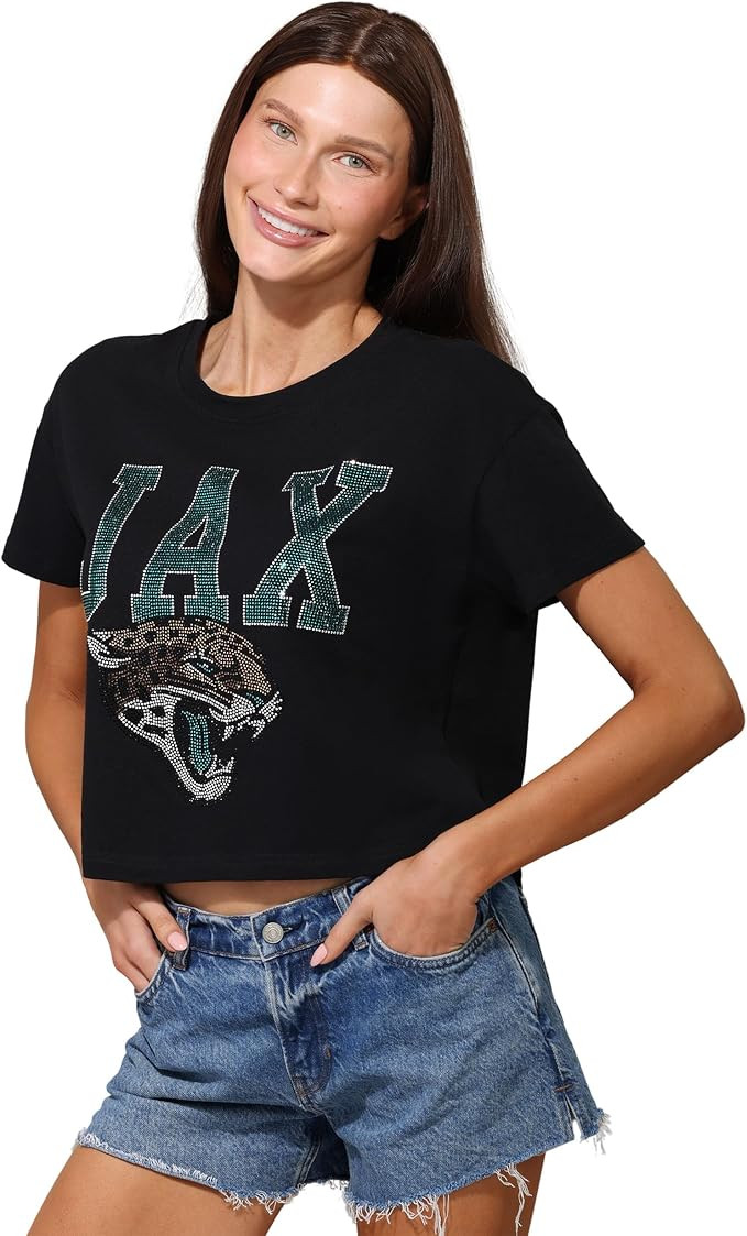 FOCO NFL Womens NFL Team Rhinestone Logo Crop Top T-Shirt | Amazon (US)