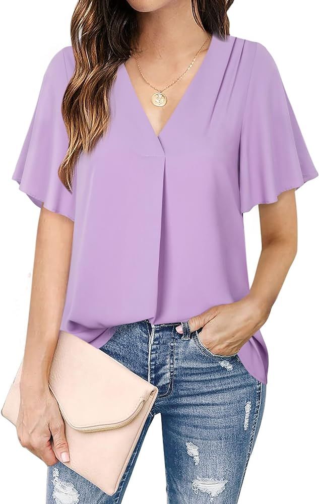 Timeson Women's V Neck Chiffon Blouse Ruffle Sleeve Ladies Work Shirts | Amazon (US)