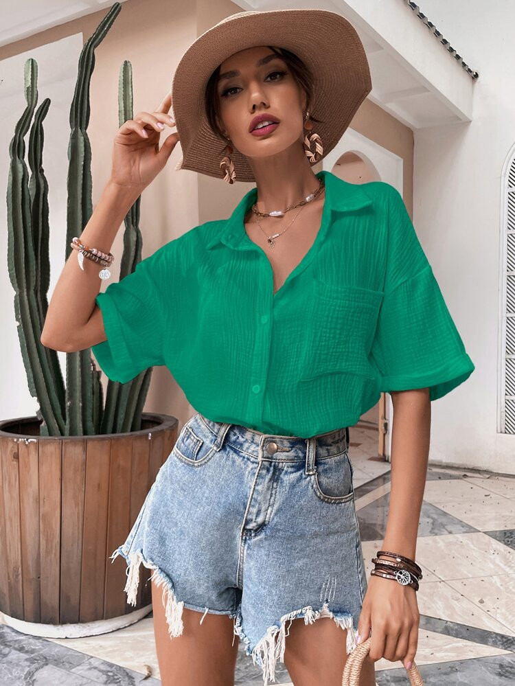 Roll Up Sleeve Pocket Front Textured Knit Blouse | SHEIN