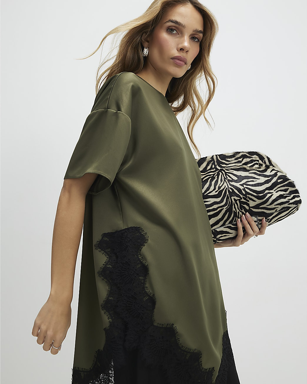 Khaki Asymmetric Lace Satin T-shirt | River Island UK & IE