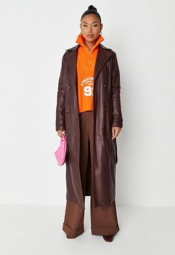 Missguided - Chocolate Faux Leather Belted Formal Double Breasted Trench Coat | Missguided (US & CA)