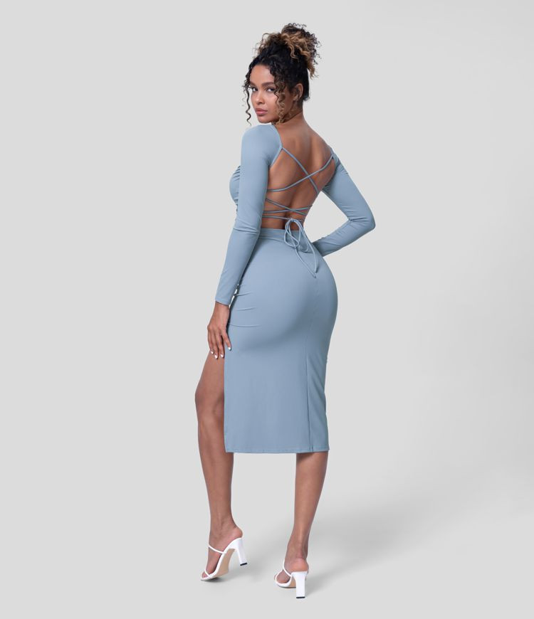 Women’s Ruched Backless Crisscross Lace Up Long Sleeve Split Bodycon Midi Casual Dress - Halara | HALARA
