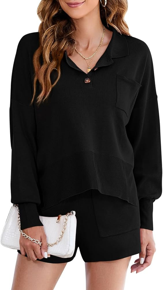 Pink Queen Women's 2023 Fall 2 Piece Outfits Button V Neck Batwing Long Sleeve Top And Shorts Kni... | Amazon (US)