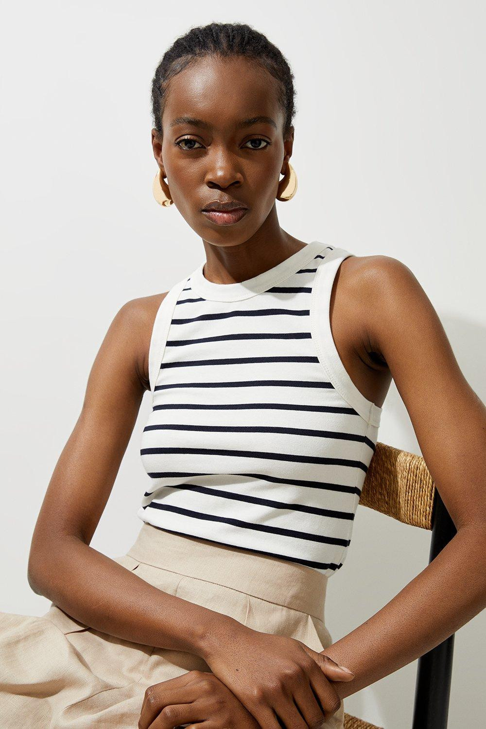 Stripe Stretch Cotton Jersey Racer Top | Karen Millen UK + IE + DE + NL
