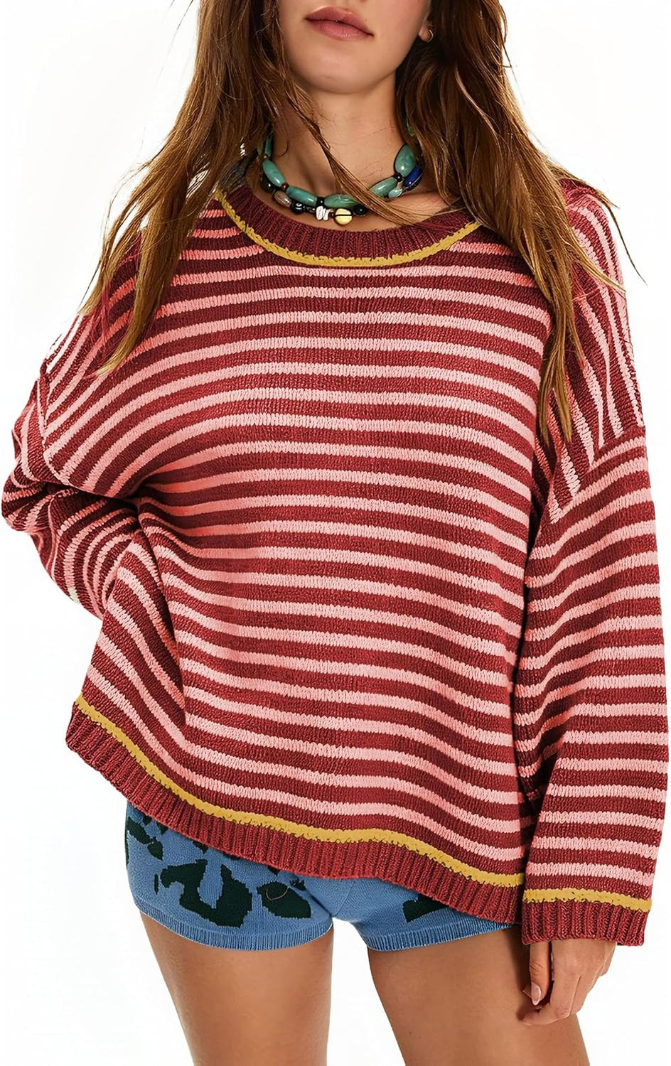 Women's Striped Chunky Knit Sweater Crewneck Fall Pullover | Amazon (US)