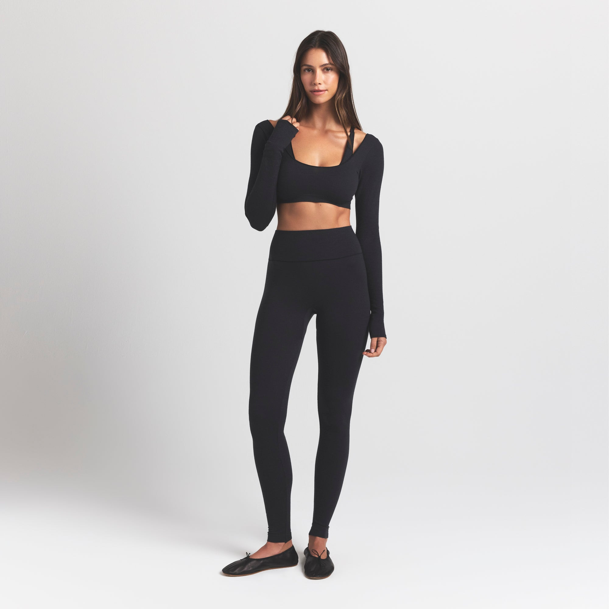 SKIMS Long Sleeve Super Cropped Top | Black | Large/XL | Wool Rib | SKIMS (US)