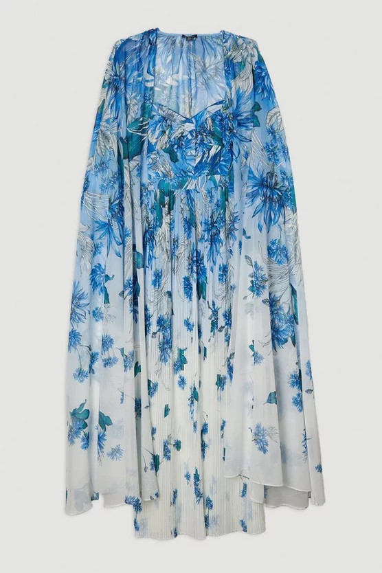 Scattered Floral Print Woven Pleated Cape Maxi Dress | Karen Millen | Karen Millen UK + IE + DE + NL
