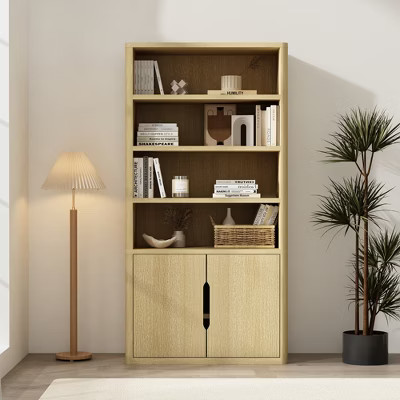 GDFStudio Sedlari 79" Modern Bookcase Cabinet with 4 Open Shelves and Hidden Storage, Oak | Target