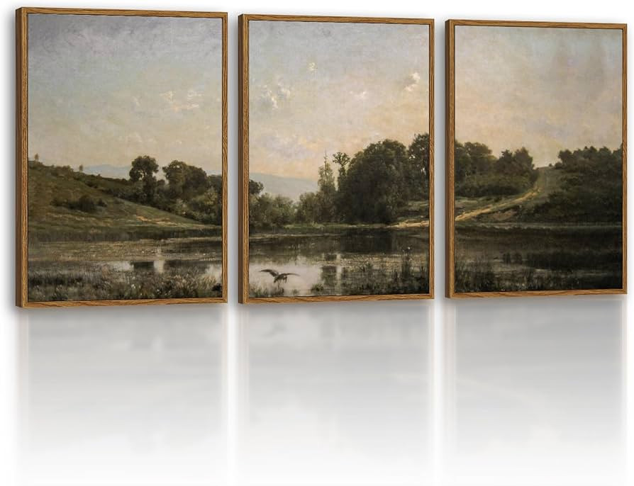 Vintage Framed Landscape Wall Art Set of 3 12x16 Countryside Lake Canvas Painting, Rustic Tranqui... | Amazon (US)