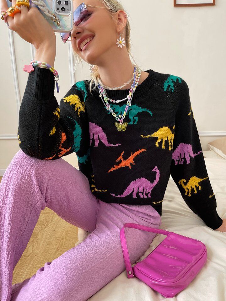 SHEIN EZwear Dinosaur Graphic Raglan Sleeve Sweater | SHEIN