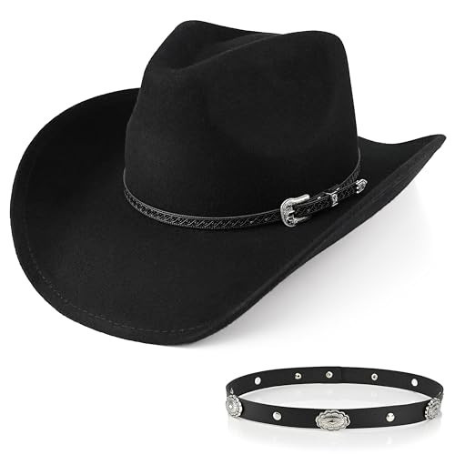 100% Wool Western Cowboy Hat Classic Black Cowboy Hat for Women Men Cowgirl Hat Fedora Hat Felt with Two Decorative Bands | Amazon (US)