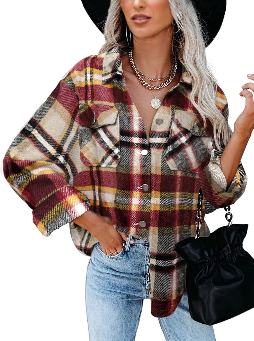 BTFBM Women Long Sleeve Shirts Button Down Plaid Casual Flannel Shirt Boyfriend Blouse Top Jacket Sh | Amazon (US)