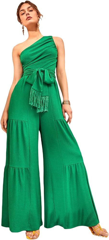 Floerns Women's Solid One Shoulder Sleeveless Belted Wide Leg Pants Jumpsuit | Amazon (US)