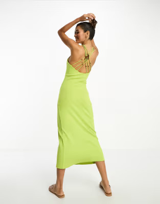 ASOS DESIGN square neck strappy ribbed midi body-conscious dress with wooden beads in chartreuse | ASOS (Global)