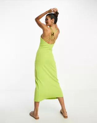 ASOS DESIGN square neck strappy ribbed midi body-conscious dress with wooden beads in chartreuse | ASOS (Global)