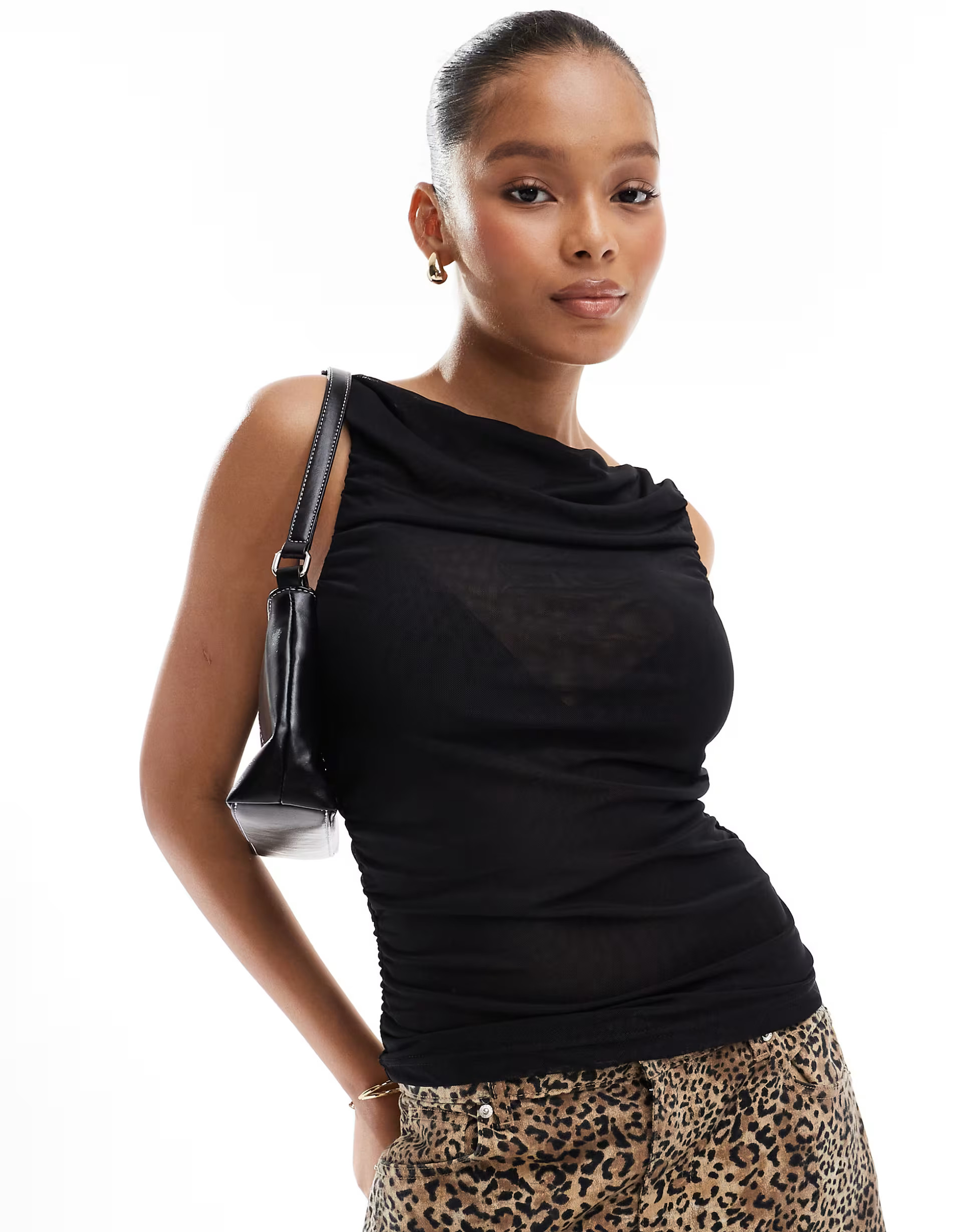 Pieces ruched boat neck mesh top in black | ASOS (Global)