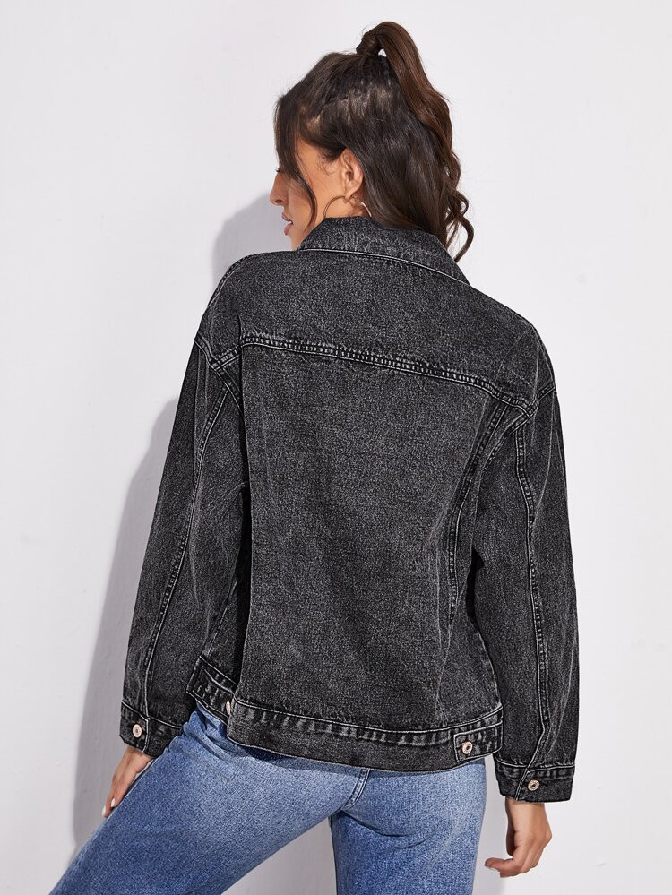 Flap Pocket Drop Shoulder Denim Jacket | SHEIN