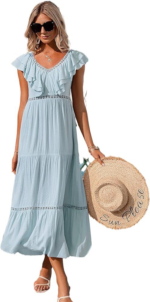 Narspeer Women's Beach Maxi Dress Summer Sleeveless Ruffle V Neck Midi Dress Floral Print Sexy Ba... | Amazon (US)
