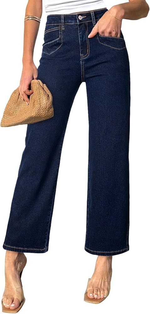 Sidefeel Women's Wide Leg Jeans High Waisted Stretchy Jeans Straight Leg Zimbaplatinum Ankle Deni... | Amazon (US)