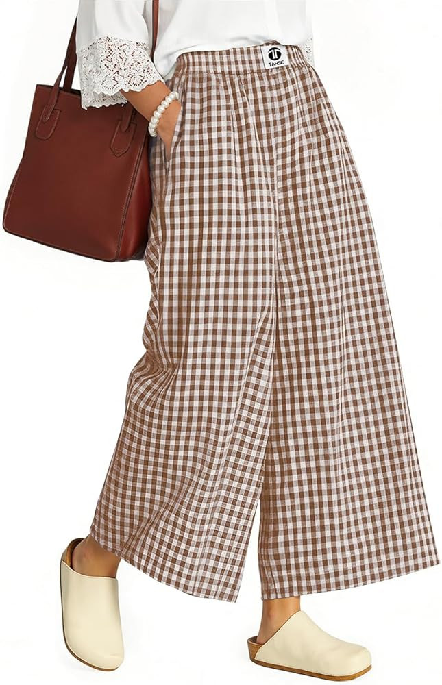 TARSE Womens Gingham Wide Leg Cropped Pants Casual Loose Plaid Culottes Elastic Waist Palazzo Pan... | Amazon (US)