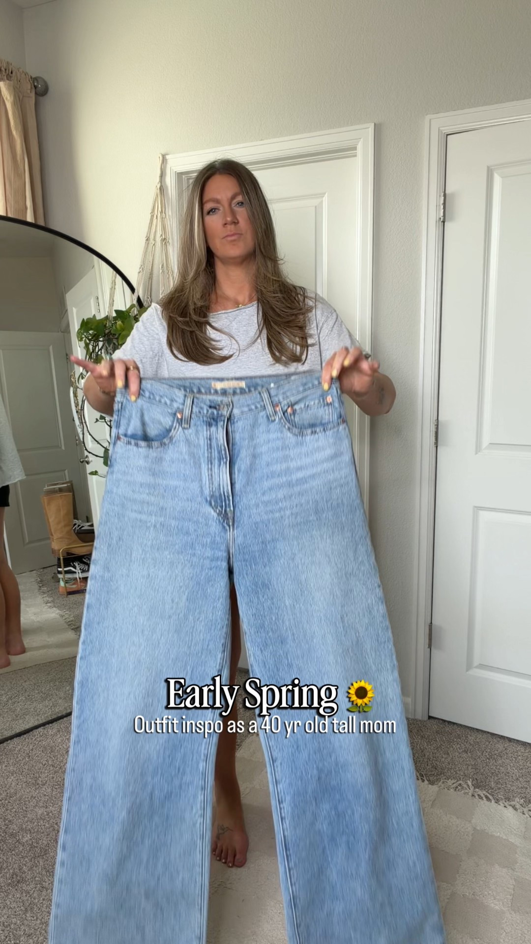 Early spring outfit inspo 🌻
Tall girl style! 
✨31x34 jeans, men’s large tee, large sweater, 11 flats, large grey off the shoulder tee 

#LTKOver40 #LTKTall